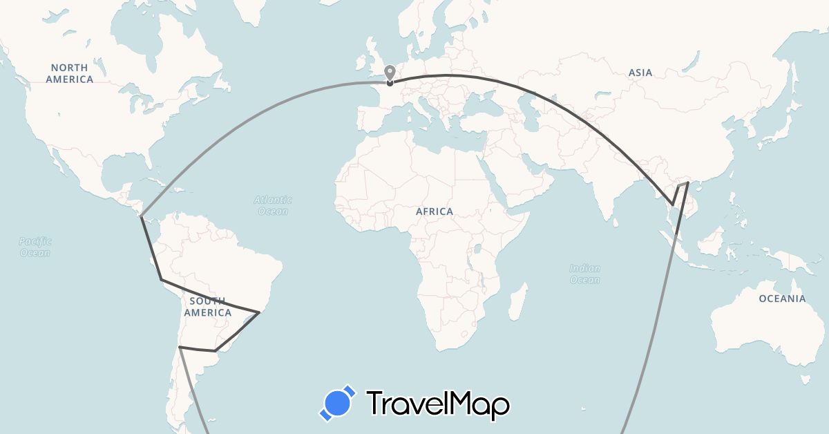 TravelMap itinerary: driving, plane, motorbike in Argentina, Bolivia, Chile, Costa Rica, France, Laos, Malaysia, Peru, Thailand (Asia, Europe, North America, South America)